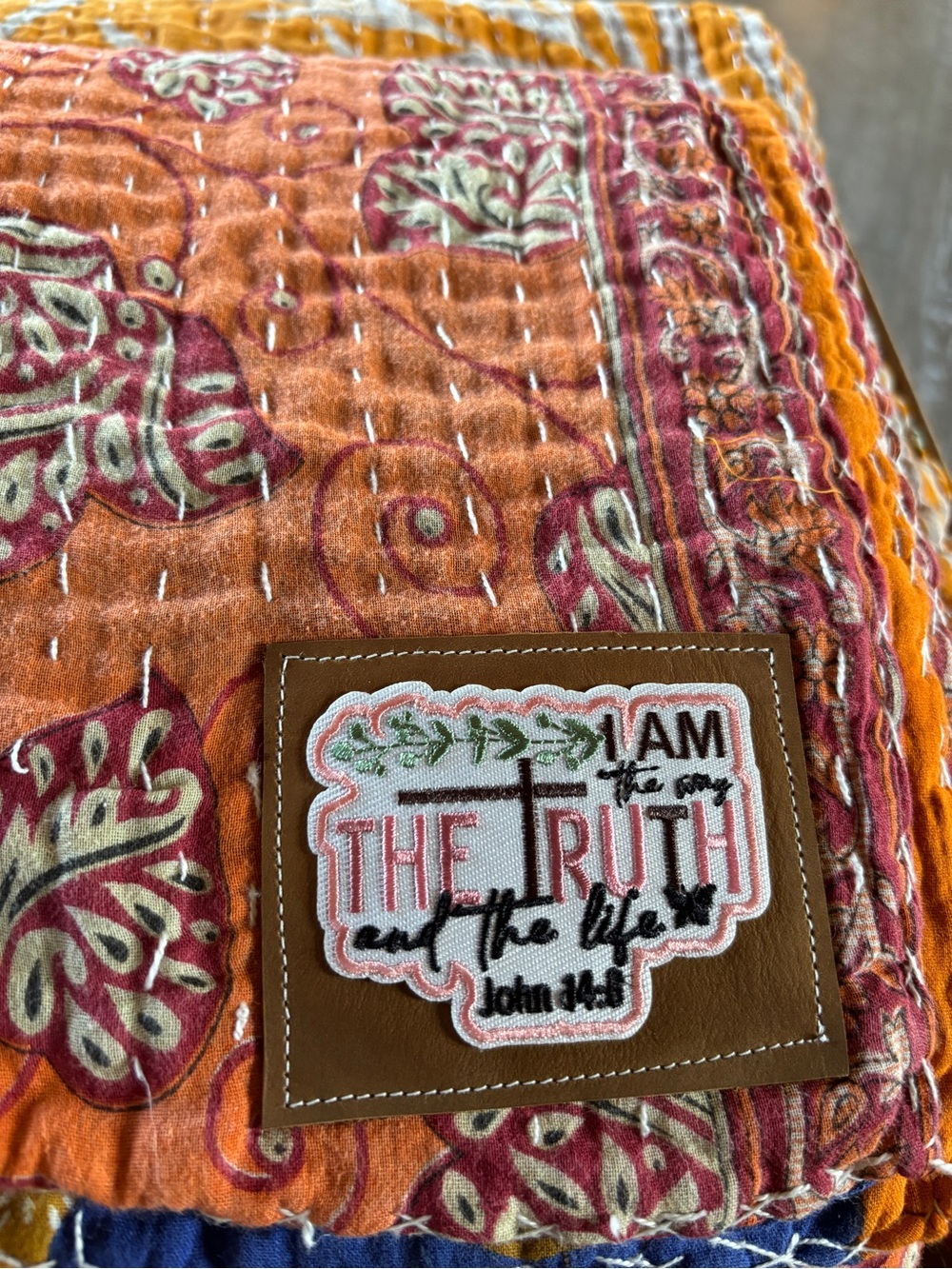 I AM THE TRUTH Embroidered Patch Orange Quilted Kantha Throw